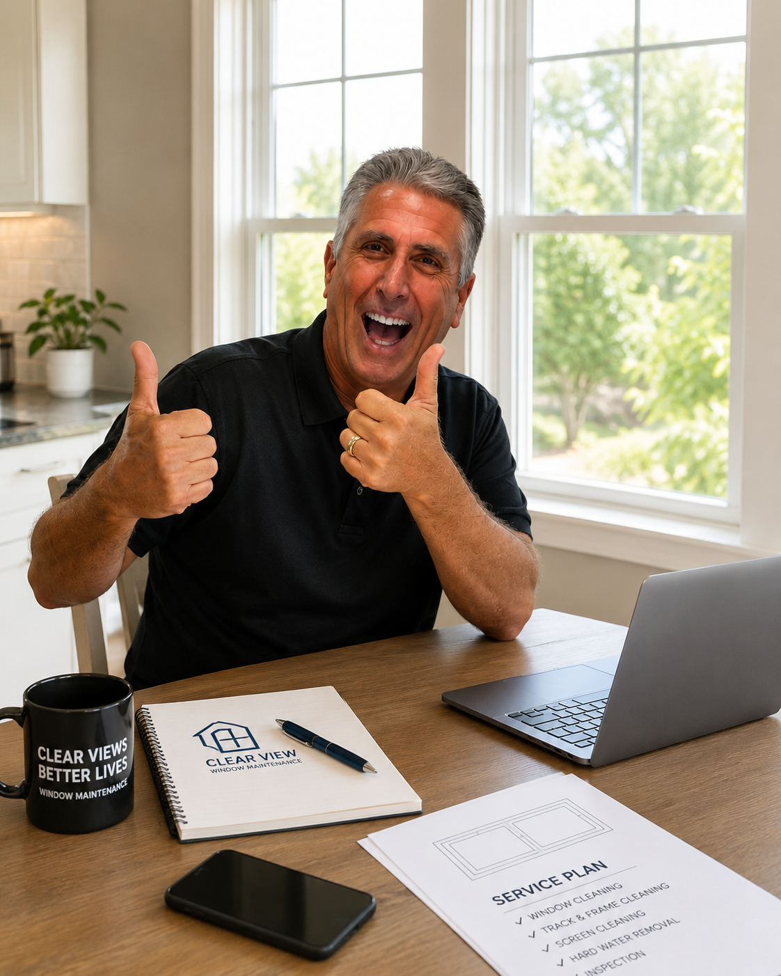Richard, owner of Glide Window Pros, at his kitchen table with the Clear Views Better Lives mug and service plan